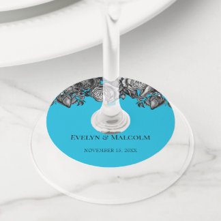 Étiquette Pour Verre De Vin Roses noires et blanches Mariage bleu électrique