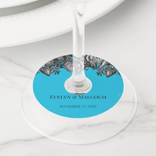 Étiquette Pour Verre De Vin Roses noires et blanches Mariage bleu électrique (De près)