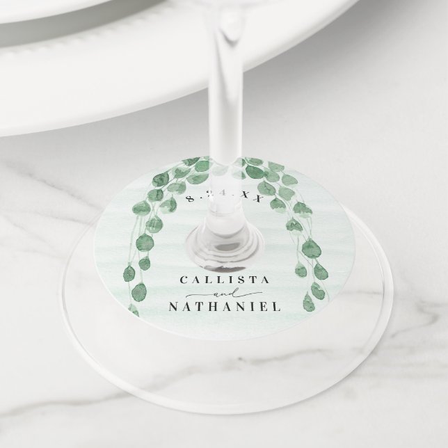 Étiquette Pour Verre De Vin Sage Green Eucalyptus Garland Gold Mariage ovale (De près)