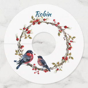Étiquette Pour Verre De Vin Serre de Berry Rouge avec Robins, Nom modifiable