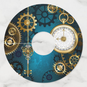 Étiquette Pour Verre De Vin Steampunk Arrière - plan turquoise avec Gears