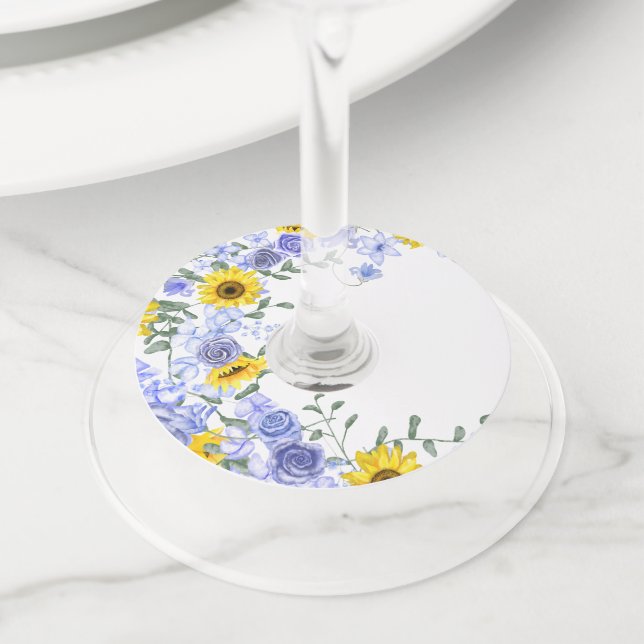 Étiquette Pour Verre De Vin Tournesol & Bleu clair Rose Vin en verre Tag Étiqu (De près)