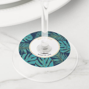 Étiquette Pour Verre De Vin Turquoise et marine tropicale feuille moderne mari