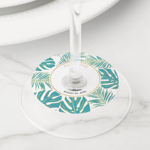 Étiquette Pour Verre De Vin Turquoise et or tropical feuille moderne mariage