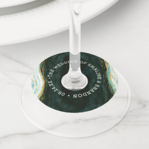 Étiquette Pour Verre De Vin Turquoise Vert & Or Agate Marbre Géode Rock Mariag