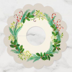 Étiquette Pour Verre De Vin Vole mistletoe de Noël couronne vert beige rouge