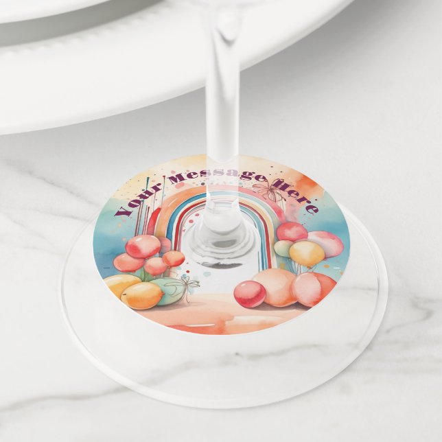 Étiquette Pour Verre De Vin Watercolor Rainbow Bliss Party (De près)