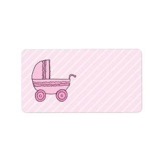 Étiquette Poussette bébé. Rose sur les rayures rose pâle.