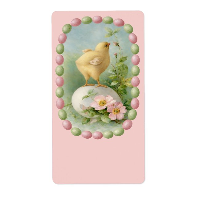 Étiquette Poussin printanier avec bordure d'œuf pastel (Devant)
