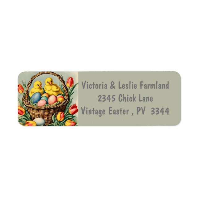 Étiquette Poussins de Pâques vintages avec tulipes (Devant)