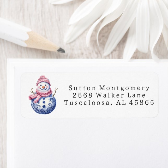 Étiquette Preppy Chinoiserie Christmas Snowman Address (En situation)