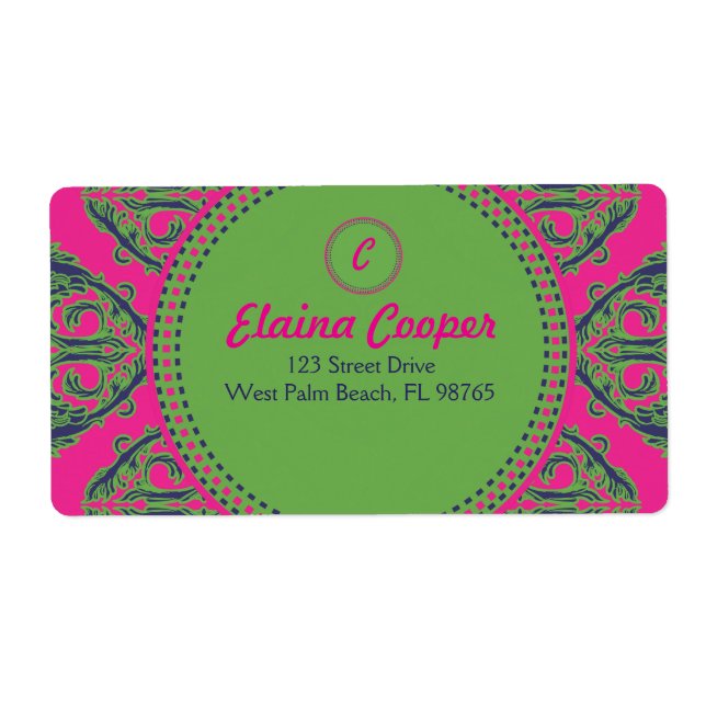 Étiquette Préppy rose Damask (Devant)