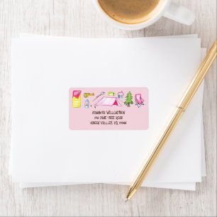 Étiquette Pretty Pink Watercolor Camping Collage Adresse