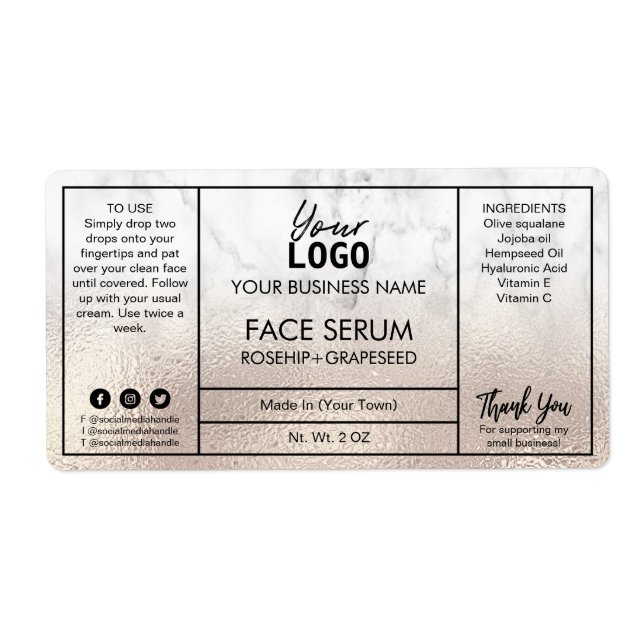 Étiquette Professionnel Rose moderne Gold Marble Face Sérum (Devant)