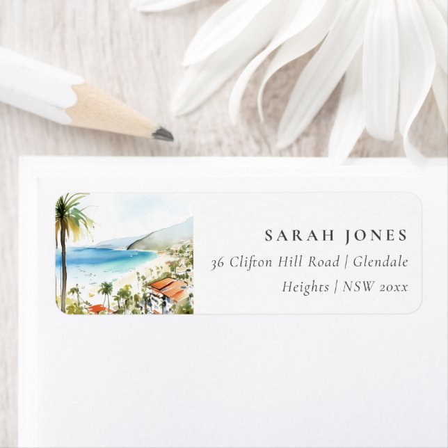 Étiquette Puerto Vallarta Mexico Watercolor Scape Address (En situation)