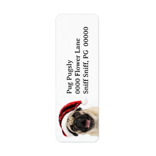 Étiquette Pug heureux portant un chapeau de Père Noël rouge