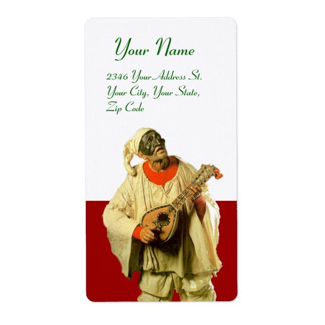 Étiquette PULCINELLA AVEC MANDOLIN rouge vert blanc (Devant)