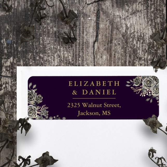 Étiquette Purple And Gold Floral Rose Gothique Adresse de re (Purple And Gold Floral Roses Gothic Return Address Label)
