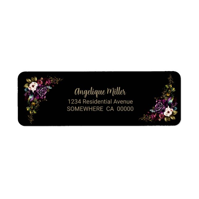 Étiquette Purple Bourgogne Floral Noir (Devant)