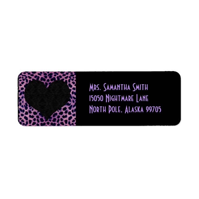 Étiquette Purple Cheetah Print Black Heart - Adresse personn (Devant)
