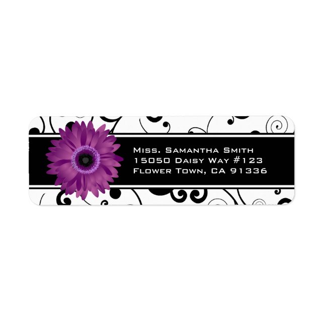 Étiquette Purple Gerbera Daisy noir et blanc (Devant)