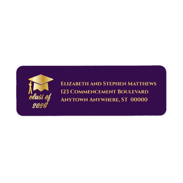 Étiquette Purple | Gold Class of 2026 Graduation Cap Label (Devant)