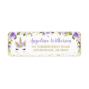 Étiquette Purple Gold Parties scintillant Unicorn Floral Adr