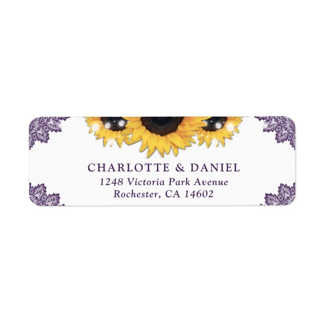 Étiquette Purple Lace Sunflower Return Address Wedding (Devant)