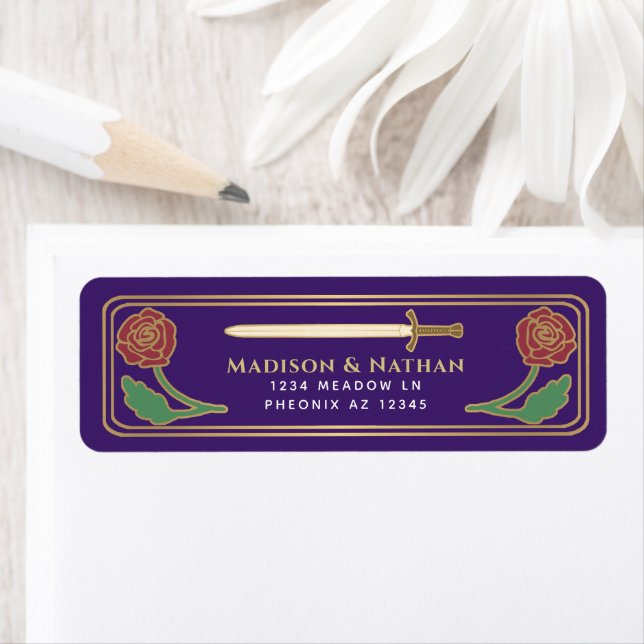 Étiquette Purple Medieval Fantasy Gold Sword Wedding Label (En situation)