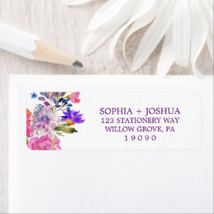 Étiquette Purple Rose & Fleurs Bleues Mariage Adresse de ret
