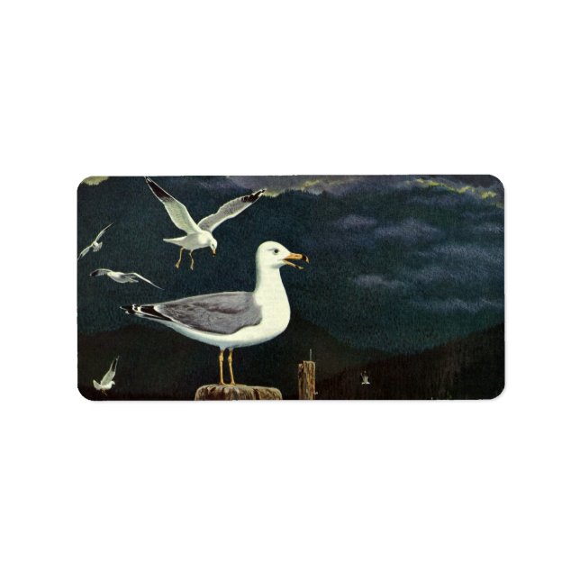 Étiquette Quai Perché de Mouette vintage, Oiseaux marins Ani (Devant)