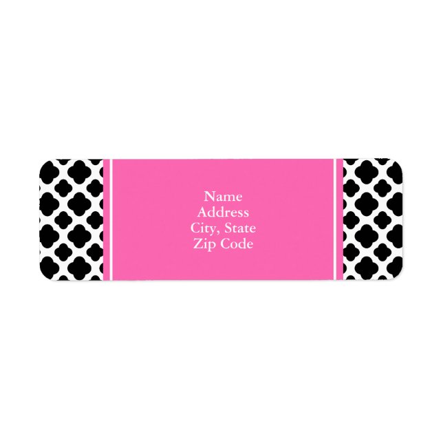Étiquette Quatrefoil noir et blanc avec rose chaud (Devant)