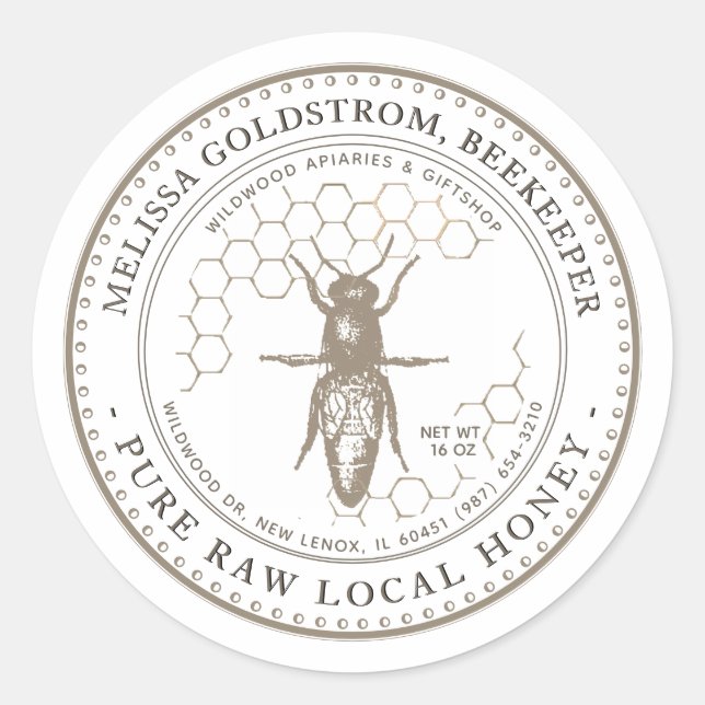Étiquette Queen Bee Honey avec nid d'abeille taupe (Devant)