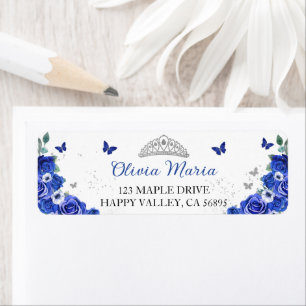 Étiquette Quinceañera Bleu Floral Papillons Argent Adresse