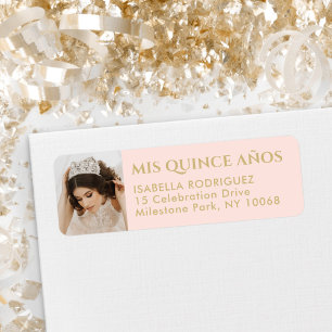 Étiquette Quinceañera Photo Blush Pink & Gold Adresse de ret
