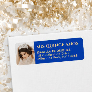 Étiquette Quinceañera Photo Royal Blue & Gold Adresse de ret