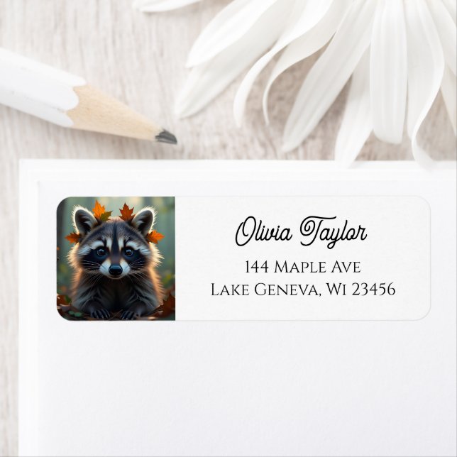 Étiquette Raccoon mignon dans les feuilles d'automne (En situation)