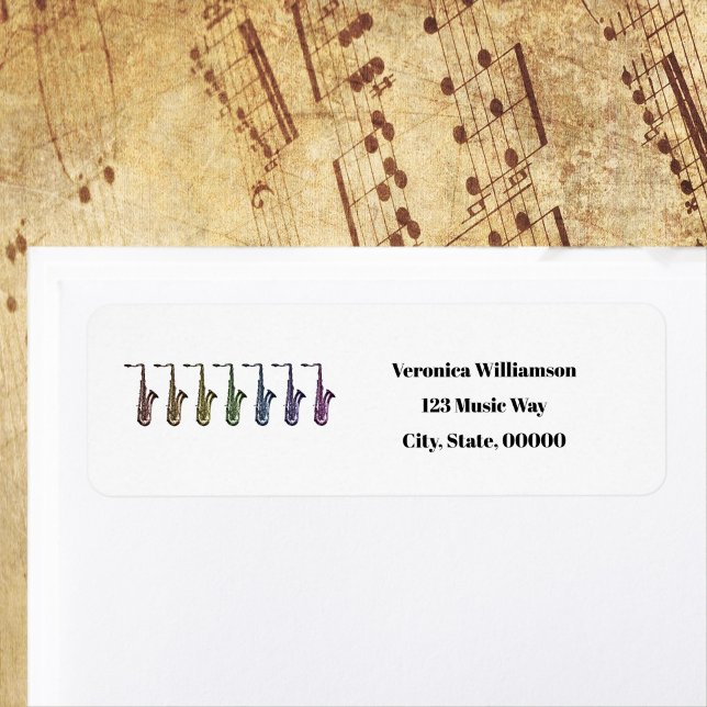 Étiquette Rainbow Tenor Saxophone Personalize Return Address (Return address label with a rainbow of saxophones)