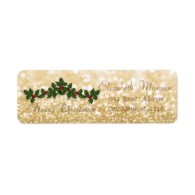 Étiquette Rameaux de houx de Noël élégants et scintillants (Devant)