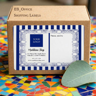 Étiquette Rayures Bleu Marine & Cadre Bouclé & Logo