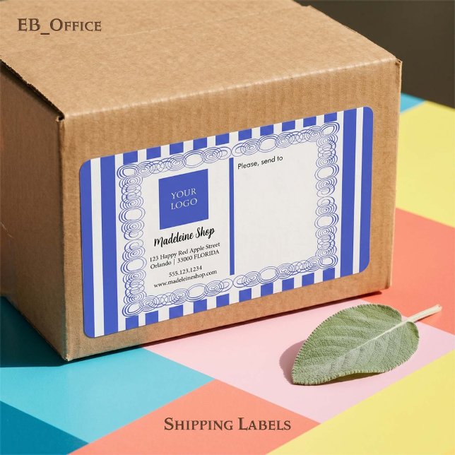 Étiquette Rayures bleues & cadre enroulé & logo (Chic Blue & White Stripes with Logo.
Size: 3.75” L x 2” W - Eight labels per sheet
)