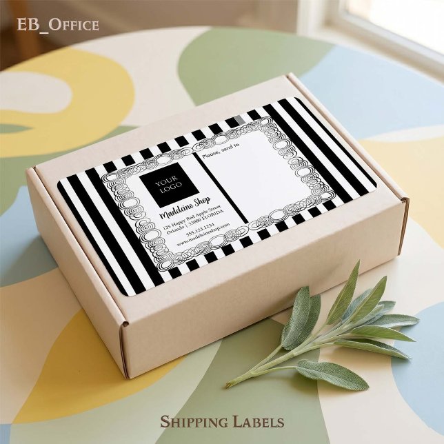 Étiquette Rayures noires et blanches & Cadre enroulé & Logo (Chic Black & White Stripes with Logo.
Size: 3.75” L x 2” W - 8 labels per sheet






)