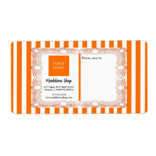 Étiquette Rayures orange & cadre bouclé & logo