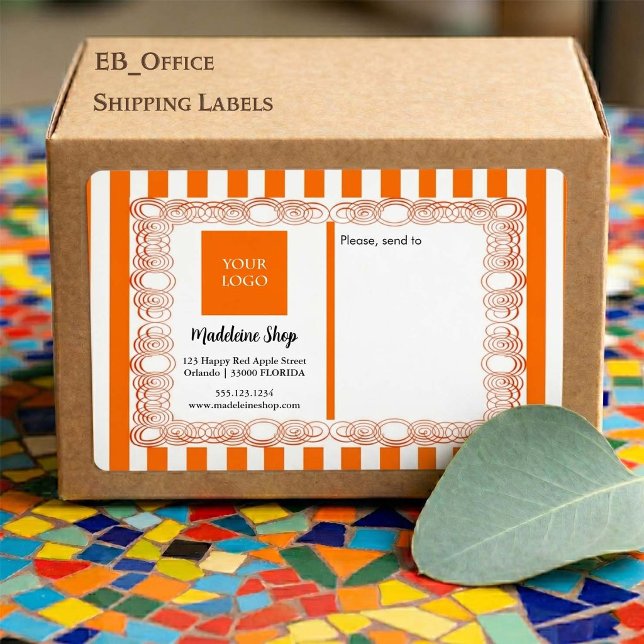 Étiquette Rayures orange & cadre bouclé & logo (Chic Orange & White Stripes with Logo.
Size: 3.75” L x 2” W - Eight labels per sheet
)