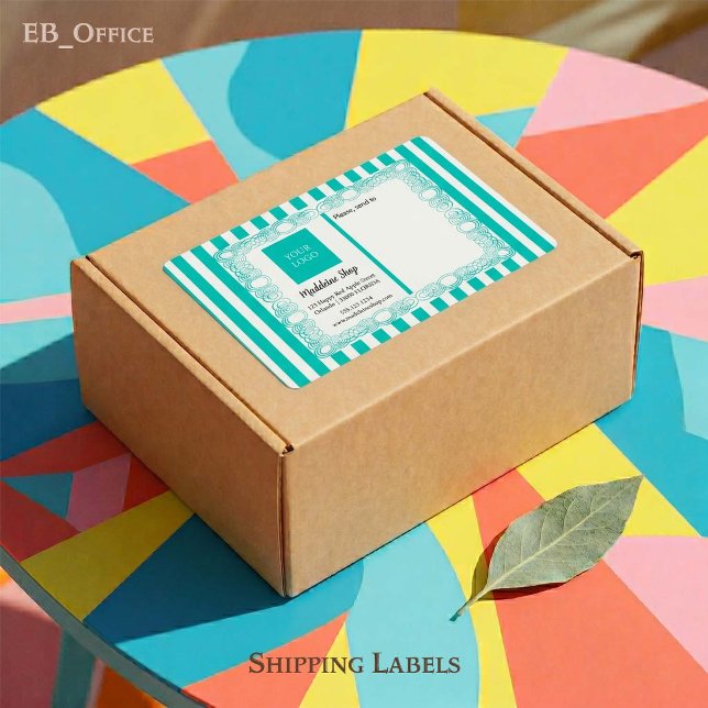 Étiquette Rayures vert sarcelle et cadre ondulé et logo (Chic Teal & White Stripes with Logo.
Size: 3.75” L x 2” W - Eight labels per sheet
)