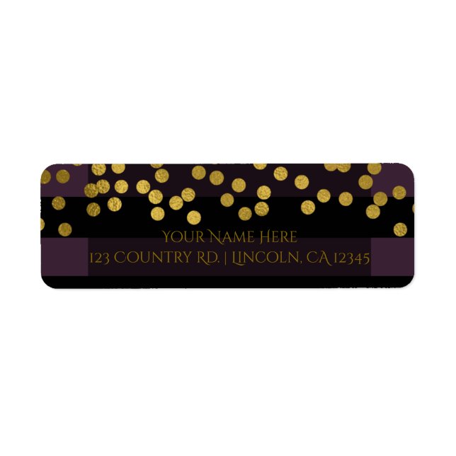 Étiquette Rayures violettes et noires pois dorés faux-foil (Devant)