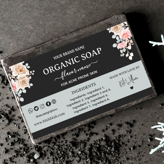 Étiquette Rectangle de Savon Noir Floral Fait Mais (Créateur téléchargé)