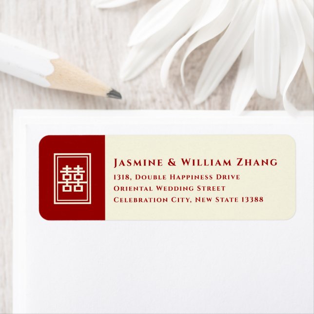 Étiquette Rectangle Double Bonheur Mariage Classique Chinois (En situation)