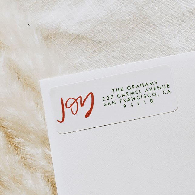 Étiquette Red and Green Joy Adresse de retour (Red and green JOY festive Christmas return address labels.)