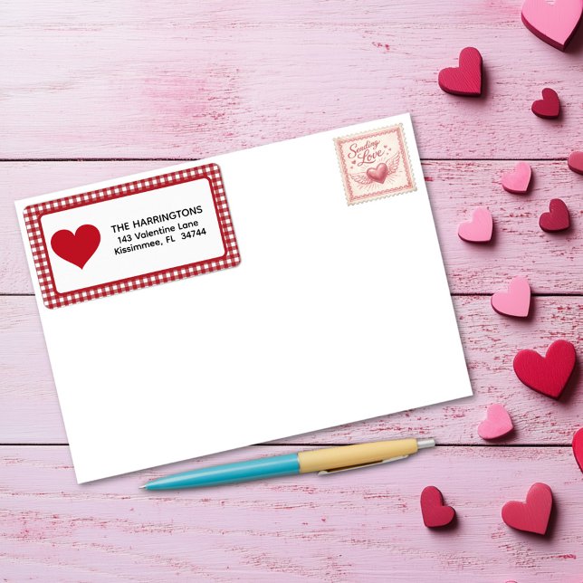 Étiquette Red and White Plaid Gingham Valentine Heart (Créateur téléchargé)